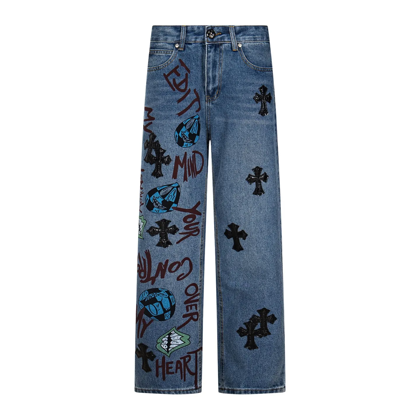 P240 Chrome hearts print stitching black leather classic washed jeans. Really restores the ultimate vintage texture. Three-dimensional version. Loose and comfortable, not picky on the figure. Looks taller and slimmer. Factory precision. Original factory quality control. Same style for men and women. Can be matched with couples. Versatile recommendation. Must-have jeans for all seasons. Fashionistas have been disappointed. From the quality selection of fabrics, the tailoring of details, and the matching of patterns, they are all impeccable! The upper body is so handsome when worn...it can be easily worn by men, women and children! The craftsmanship is made of heavy-duty washed pure cotton denim fabric. After washing, it is soft and thick. It is very stylish when worn on the body. Style number: 1760# Color: blue Size: 28 30 32 34 36
